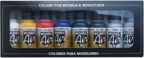 Caja de 8 colores básicos de pinturas para modelismo con aerógrafo Vallejo Model Air