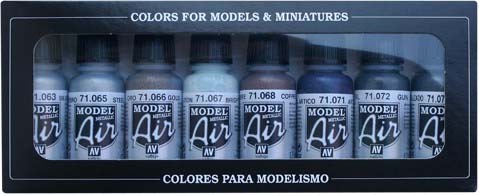 Caja de 8 colores metálicos de pinturas para modelismo con aerógrafo Vallejo Model Air