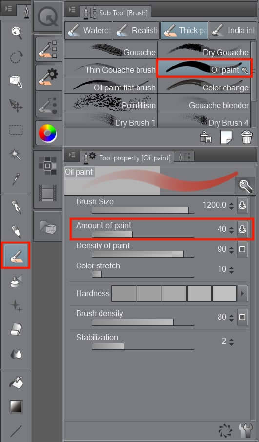 Process of adjusting amount of paint in default oil brushes